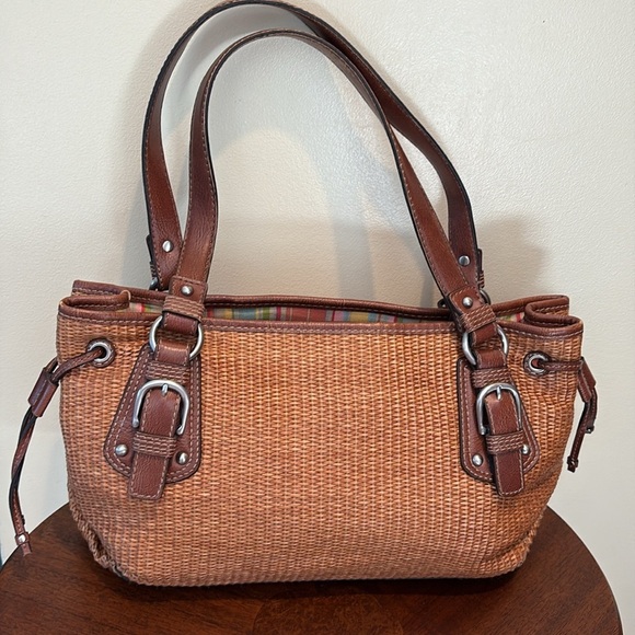 Fossil Vintage Straw bag/leather trim cinnamon brown/brown Silvertone 3 compart - Picture 12 of 17
